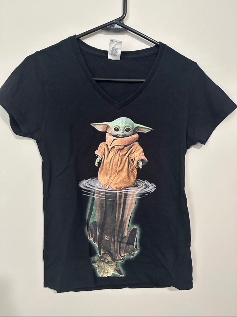 Black V-Neck Baby Yoda Graphic Tee